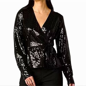 NWT 52Seven Black Sequin Faux Wrap Long Sleeve Blouse